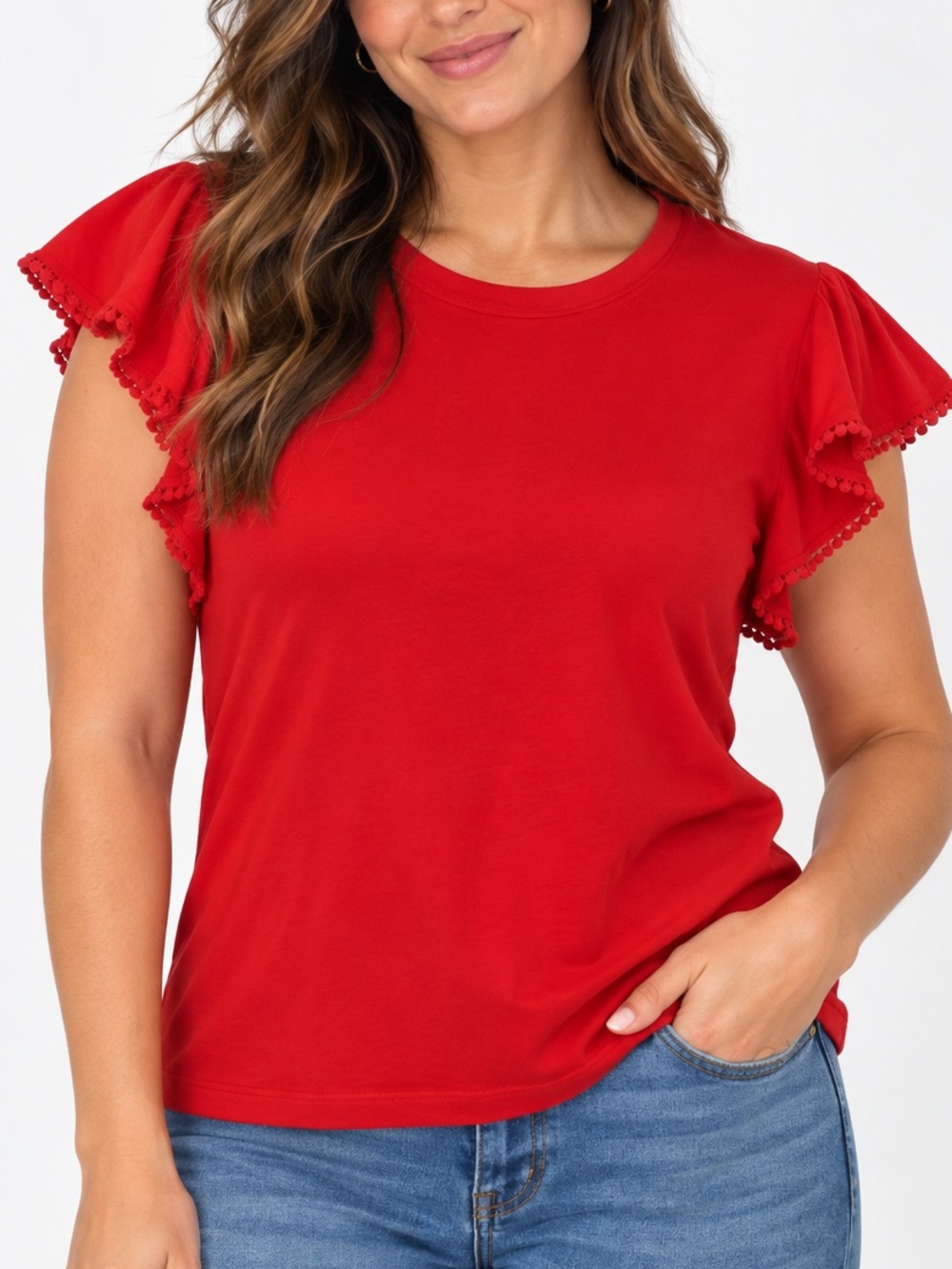 kate spade Red Flutter Sleeve Tee with Lace Trim